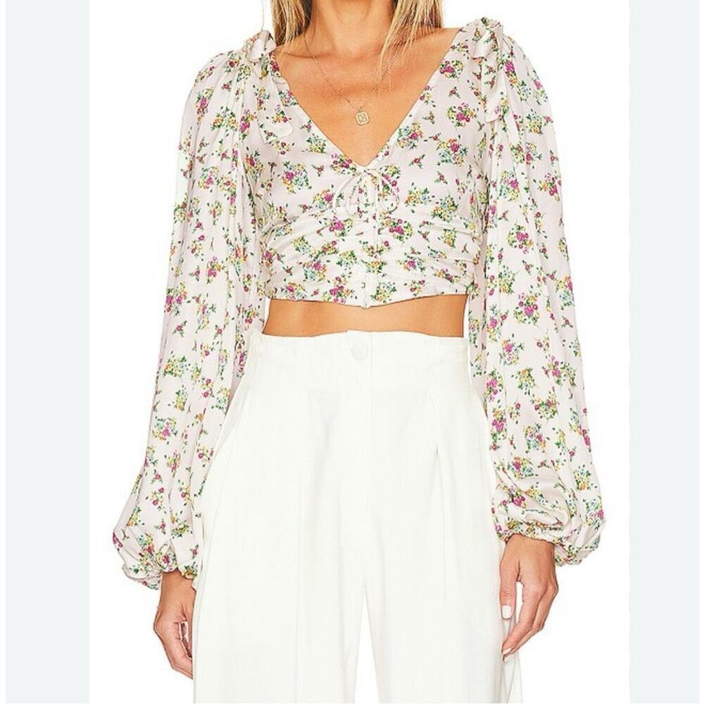 For Love & Lemons Tanya Crop Top Puff Slvs Ruched Bodice Floral Pink Green M NWT